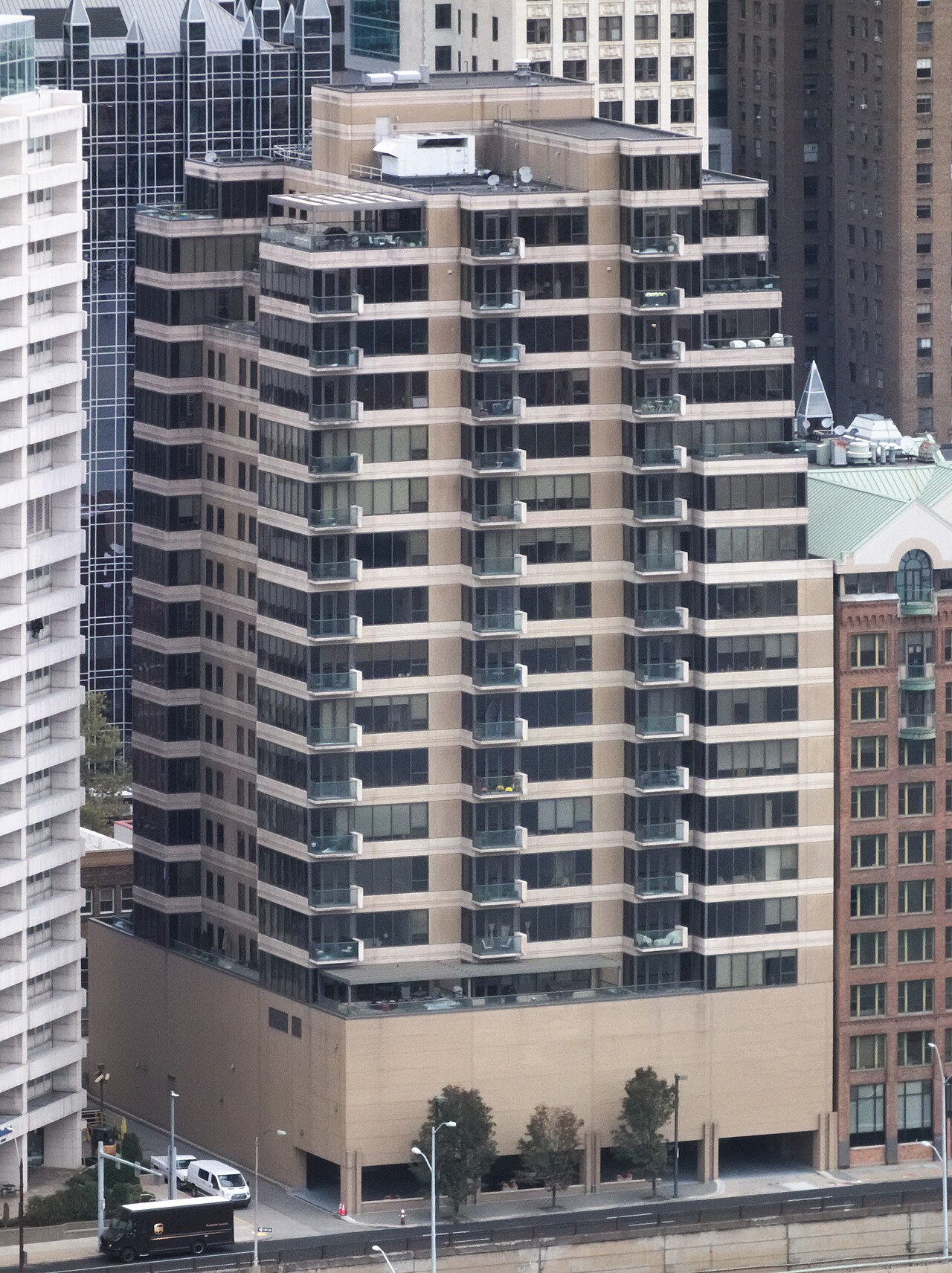 151 First Side, a condominium tower in downtown Pittsburgh, seen from across the river
