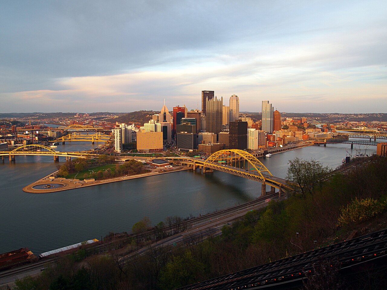Downtown Pittsburgh skyline viewed from Mount Washington with the Duquesne Incline tracks in the foreground